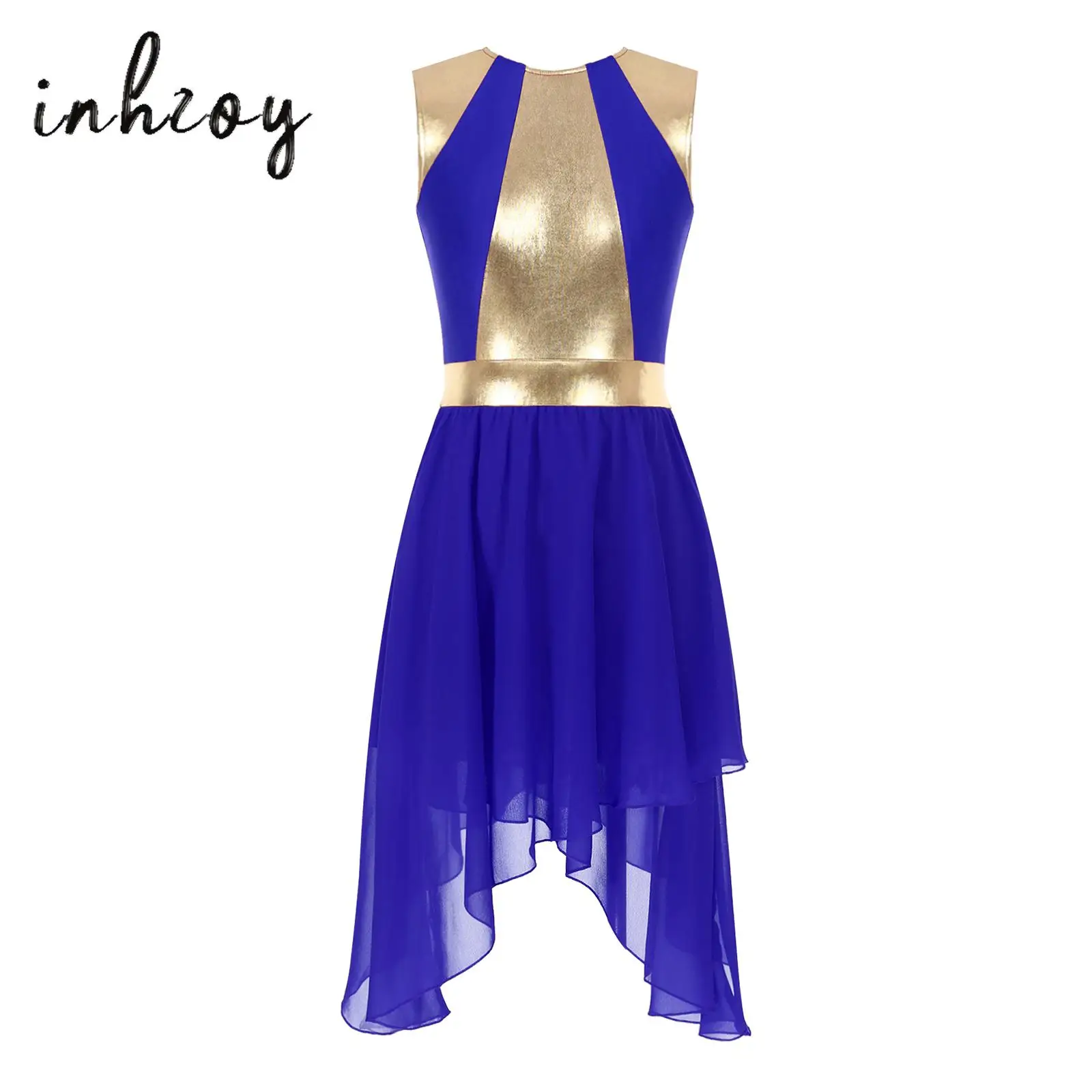 

Womens Praise Lyrical Dance Dress Metallic Color Block Zipper Irregular Hem Round Neck Sleeveless Dresses Church Choir Dancewear