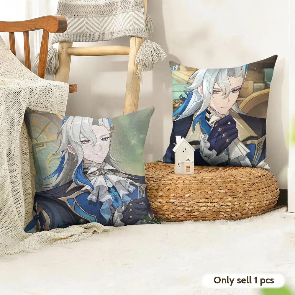 Neuvillette Genshin Impact Cushion Cover Natural Linen Organic Fabric Double-Sided Printing Room Sofa Decor Pillow Case