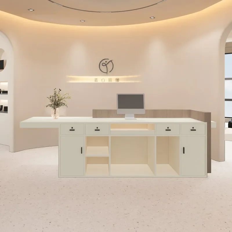 French Cream Style Modern Reception Desk Apricot Painted Checkout Counter for Beauty Salon Hotel Lobby Bar Cabinet