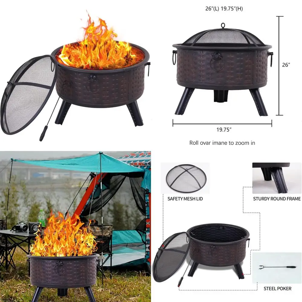 

Outdoor Patio Fire Pit Round Deep Wood Burning Bonfire Pit with Spark Screen Cover for Safe Backyard Gatherings