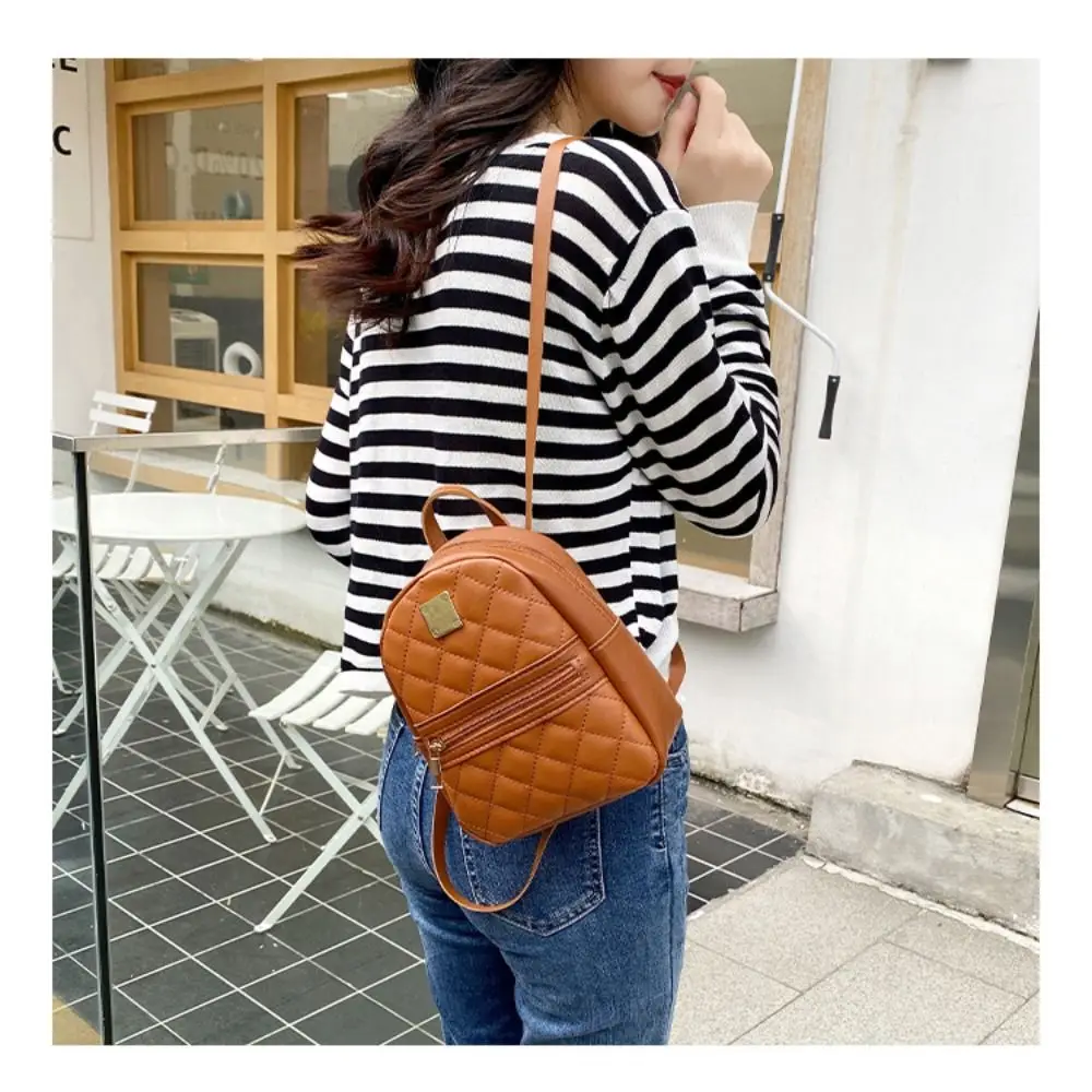 Mini Lingge Embroidery Small Backpack Fashion Solid Color Zipper Women Shoulder Bag Large Capacity PU Leather Travel Rucksack