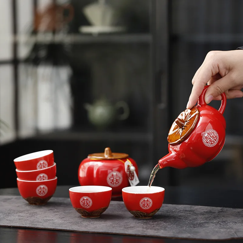 Ceramic Tea Set for Chinese Wedding, Persimmon Teaware, Kung Fu Tea, Porcelain Orange Teapot, Creative Tea Ceremony