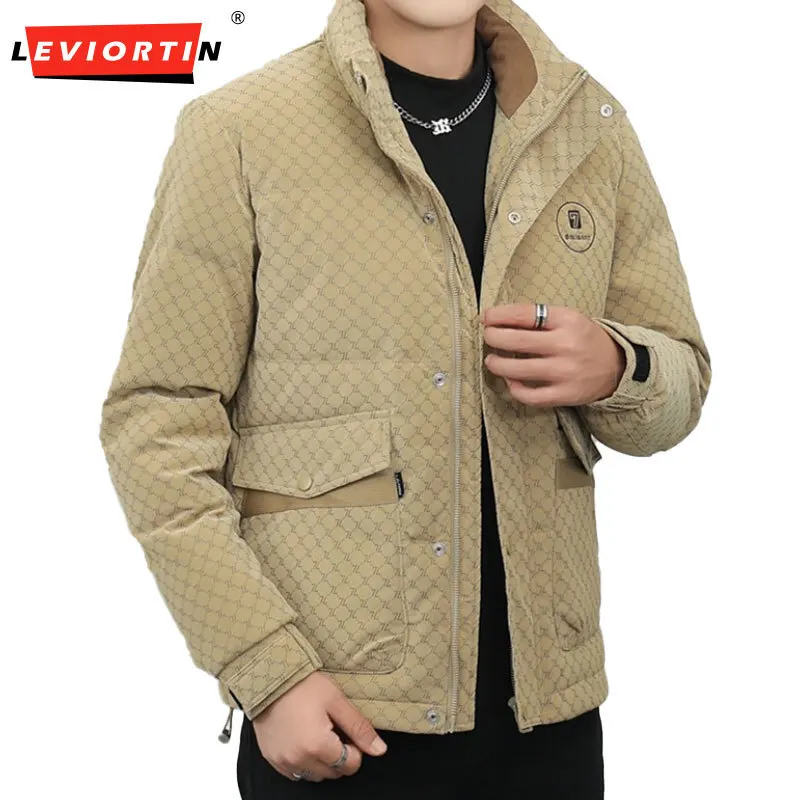 Hip Hop Men PU Leather White Duck Down Jackets Fall Winter Full Print Puffer Down Coats Male Cold Proof Warm Down Parkas Outwear