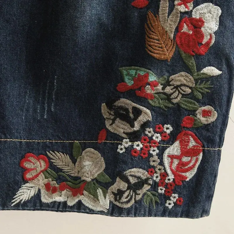 Borduurwerk Denim Indie Folk Vintage Elastische Hoge Taille Losse Wijde Pijpen Dames Broek Kuit-Lengte Broek Voor Vrouwen Kleding 2024