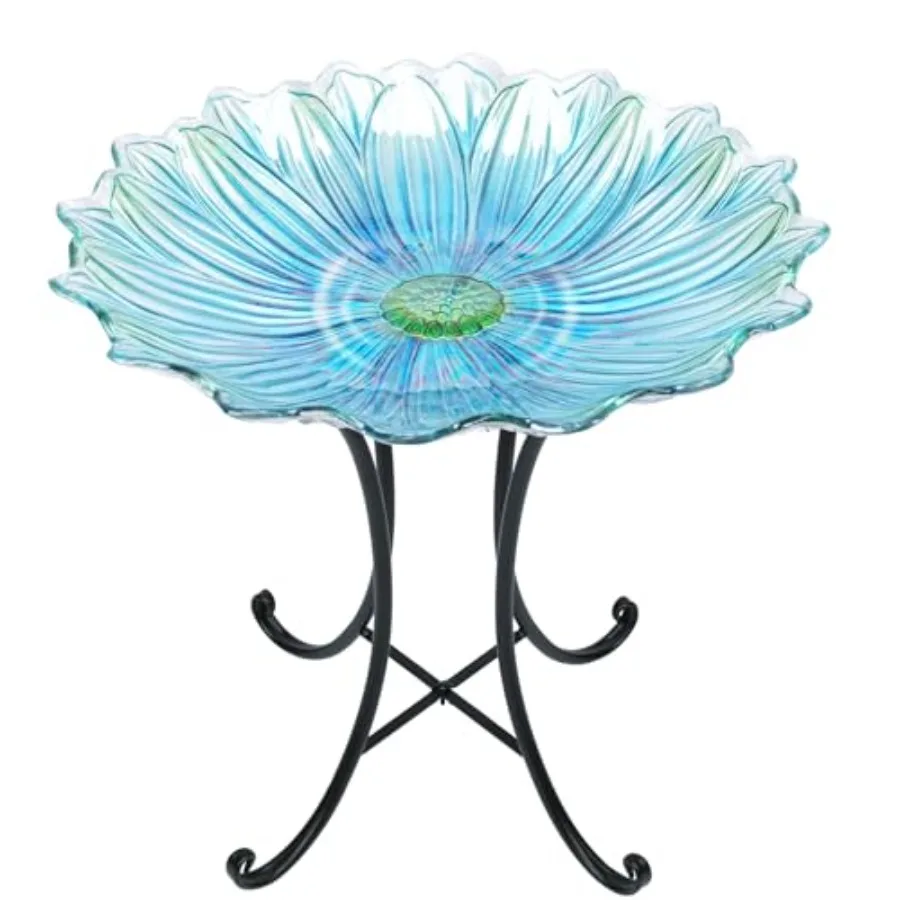 

Outdoor Glass Birdbath with Metal Stand for Outside Yard Garden Decor, 18 inch Diameter Blue Bird Baths Bowl for Outdoors, 21 inch Height