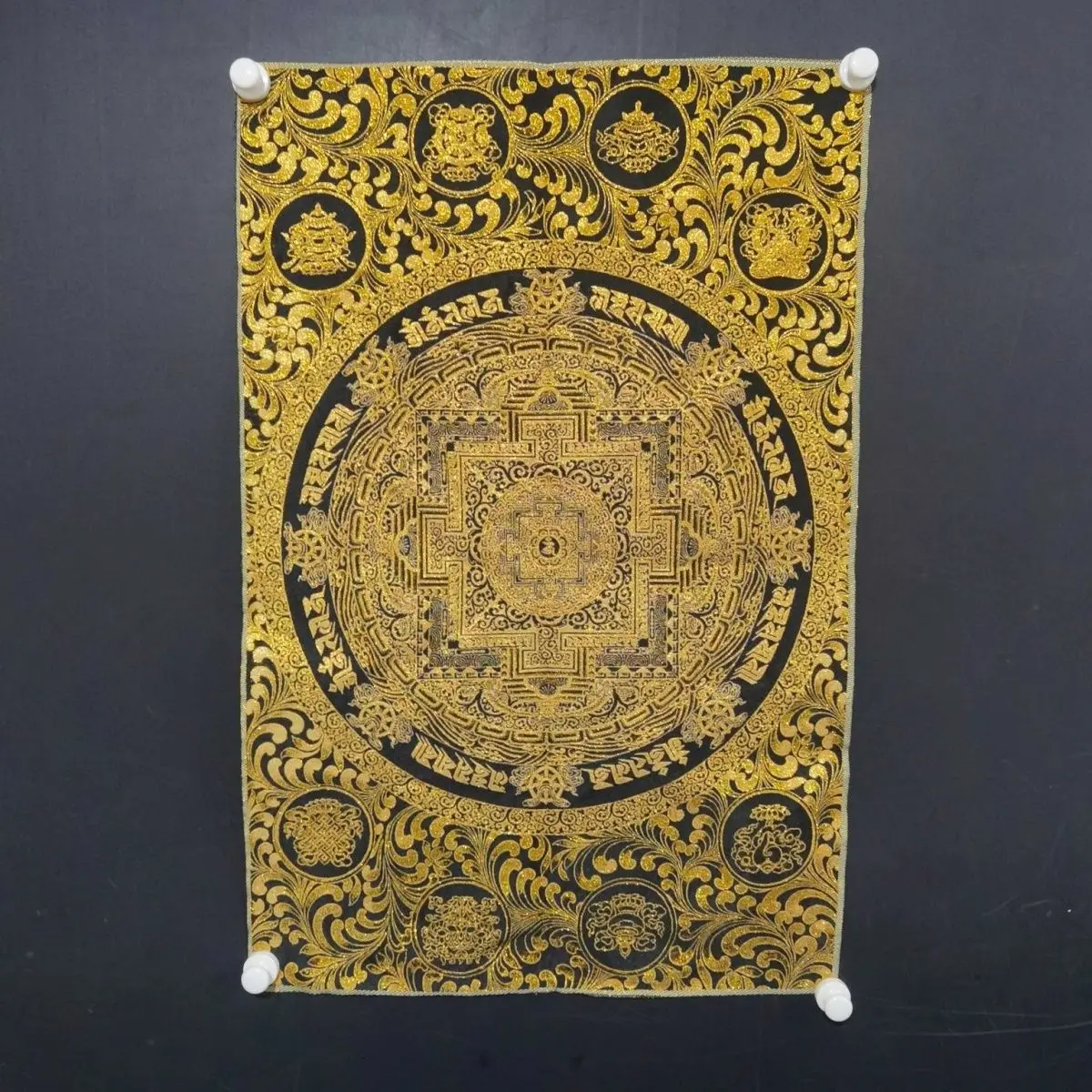 Tibetan Mandala Thangka Brocade Embroidery Black Gold Eight Auspicious Symbols Buddhist Religious Wall Tapestry Home Altar