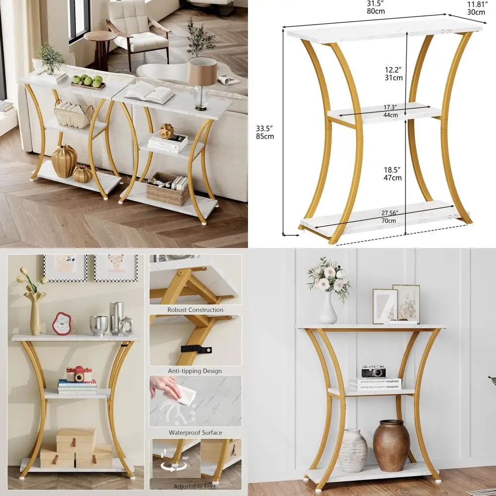 

Элегантный 3-ярусный консольный столик с открытыми полками - изогнутые металлические элементы, тонкий дизайн для прихожей, гостиной или коридора (золото и белый)