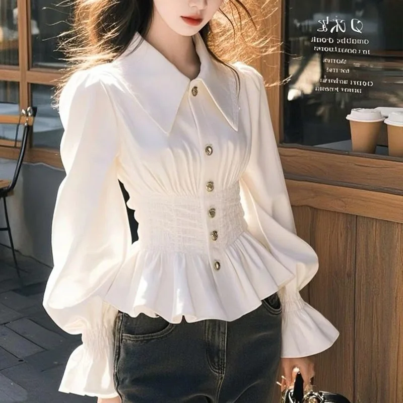 Office Lady Spring Elegant Slim Solid Sunscreen Flare Sleeve Shirt Women Turn-down Collar Vintage Long Sleeve Tops