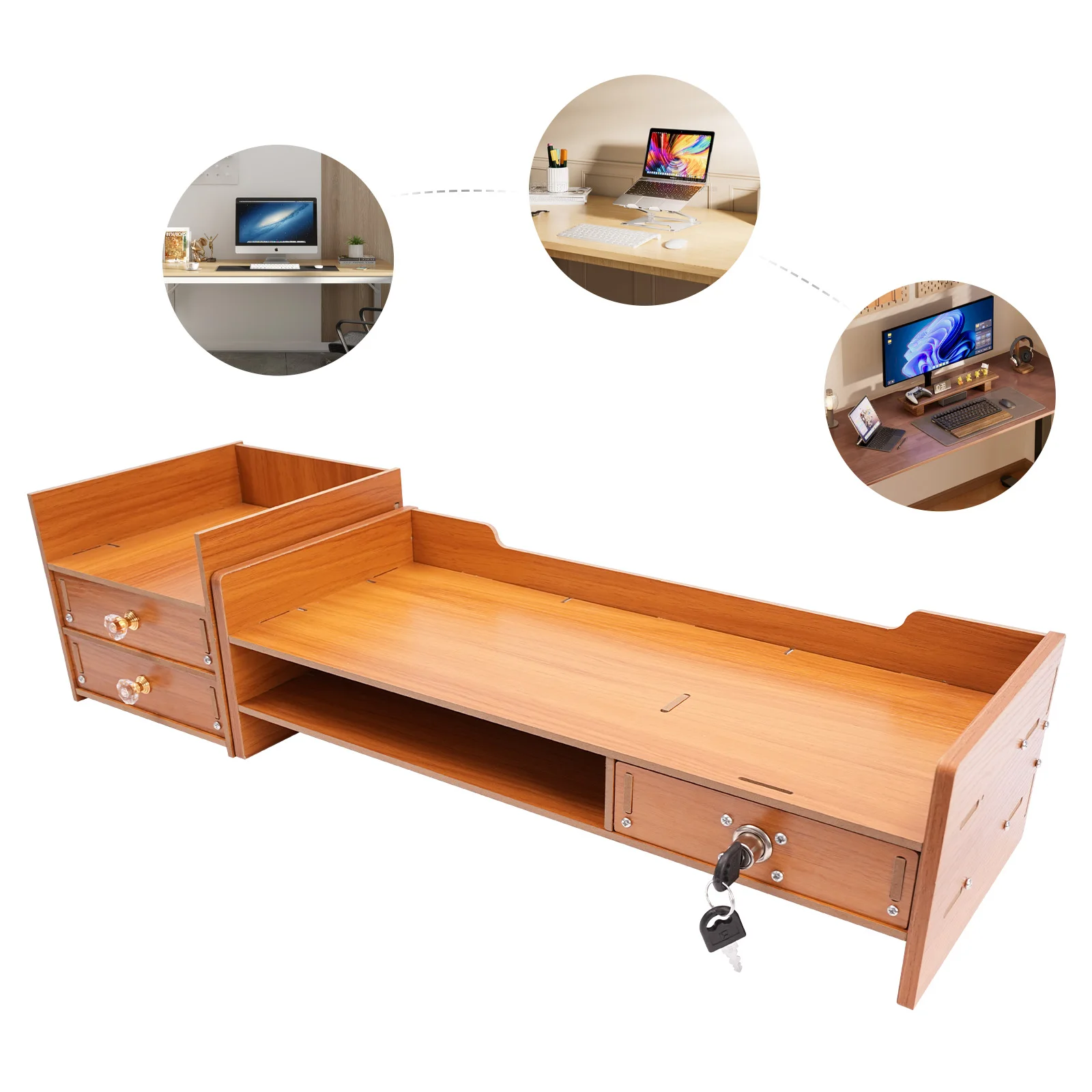 Computer Monitor Stand With Keys & Phone Holder Wooden Desk Organizer Desktop Tabletop Ample Storage Capacity Rectangle MDF