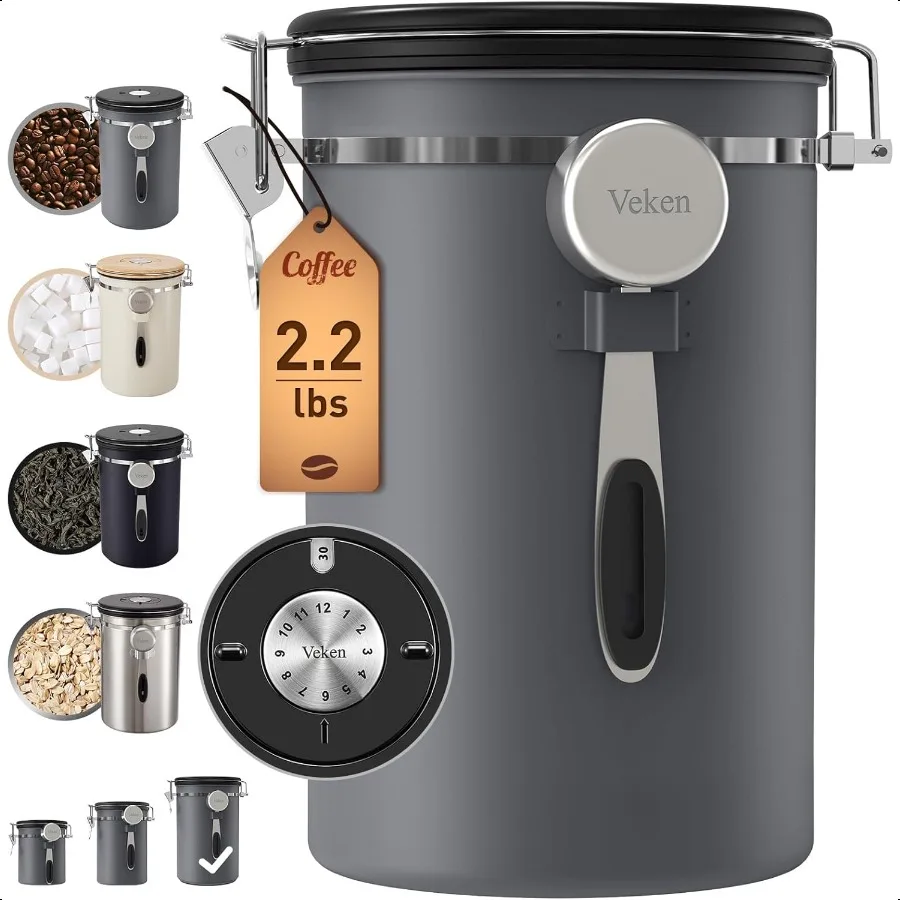 

Veken Coffee Canister 39OZ Large Airtight Stainl Steel Food Storage Container for 2.2lbs Coffee Beans Ground Sugar Tea Flour Ce