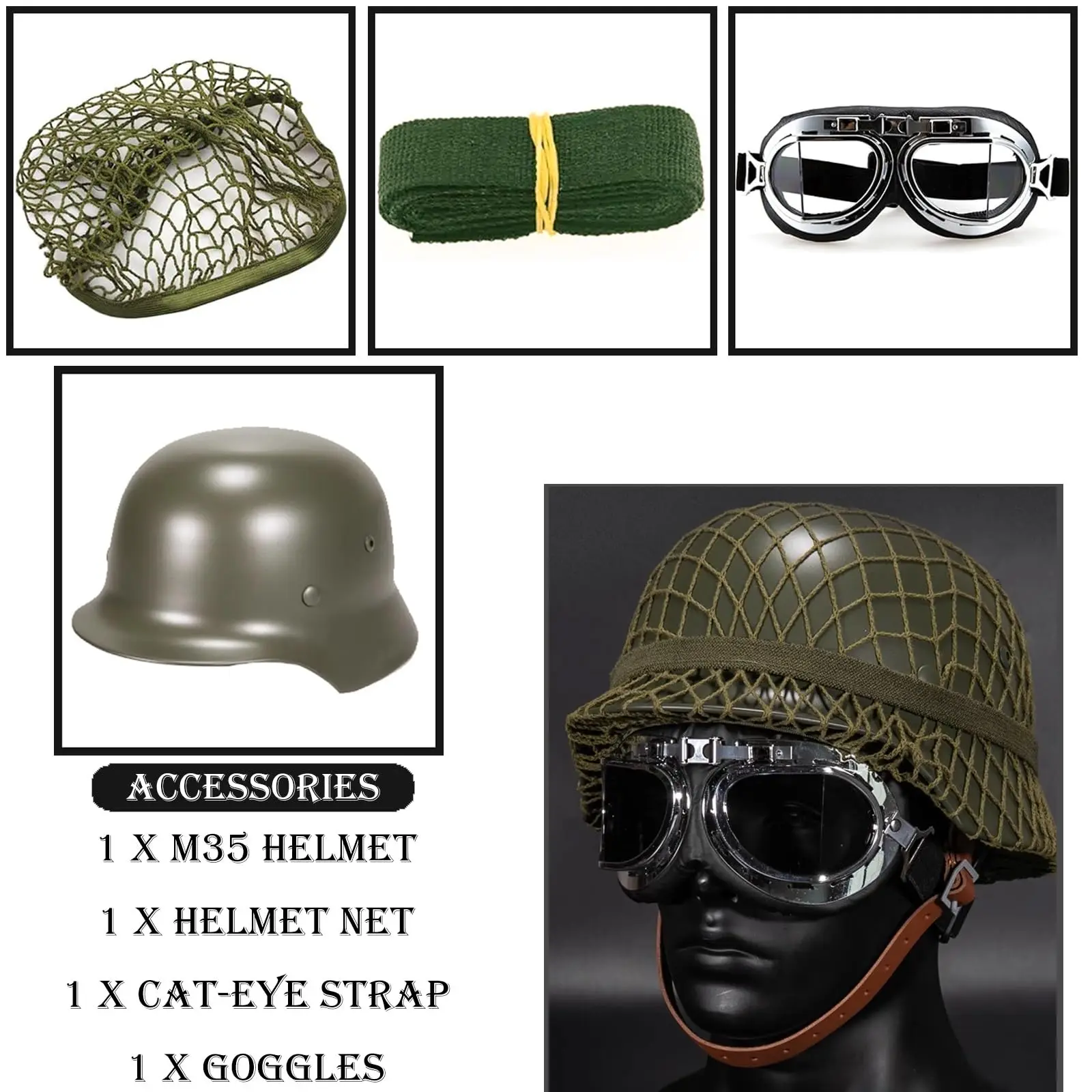

M35 German-Style Steel Helmet Combo Set with Eye Protection Goggles, Helmet Cover and Helmet Band for Hunting Airsoft, Cosplay