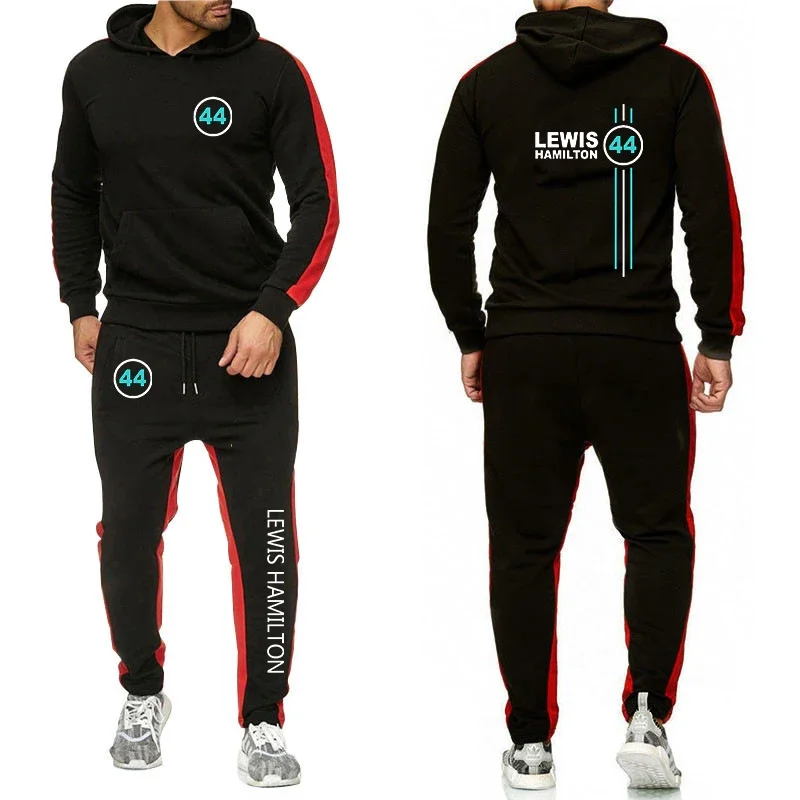 F1 Driver Lewis Hamilton Digital 44 Men's Sportswear Fashion Fleece Sweatshirt Long Sleeve Solid Color Tops +Jogger Pants Set