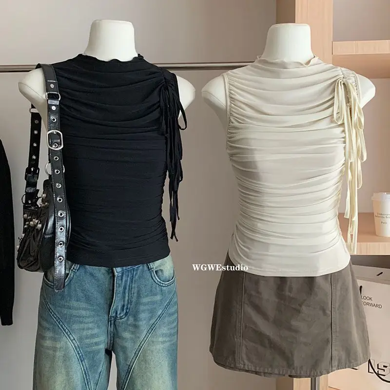 Thin Mesh Layered Bundling Waist Pleat Half-High Collar Slim Waistcoat Sleeveless Tanks Curly Top Y2k Clothes