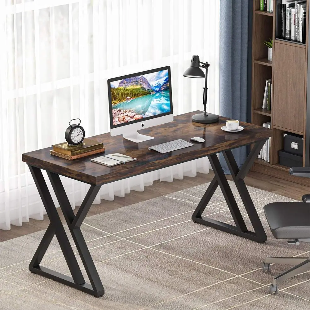 

55 Metal Leg Wood Top Desk: Modern Industrial Computer Office Writing Table for Study & Work