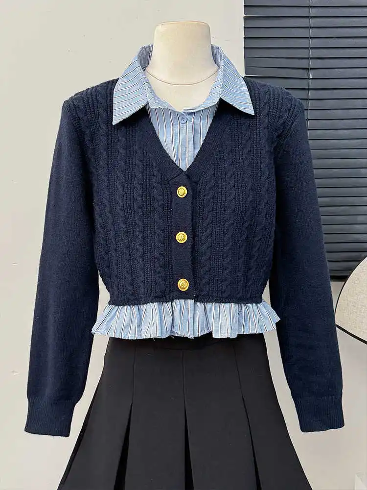 Vintage Preppy Style Women Knitwear 2024 Autumn Korean Fake Two-piece Contrast Color Sweater Lady Commuter Tops