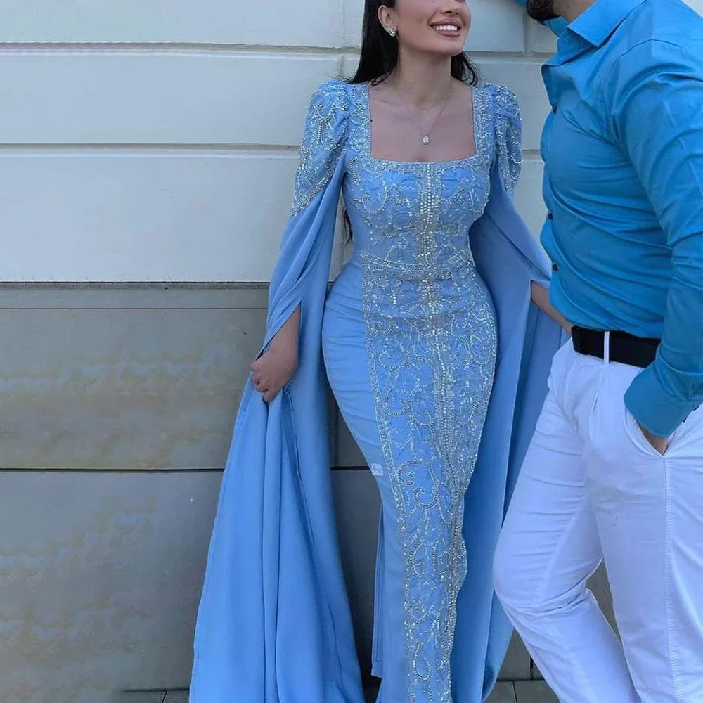 

Best Price Blue Muslim Elegant Mermaid Cape Sleeves Evening Dresses Arabic Beaded Gowns 2023 For Women Wedding Party LA72050