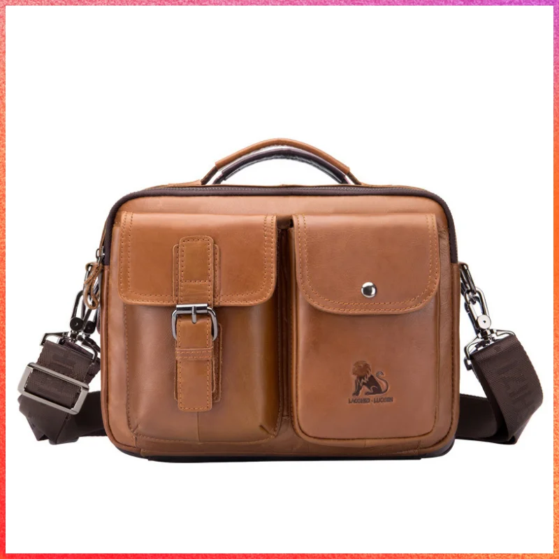 2024 Leather Men\'s Single Shoulder Bag Retro Cowhide Casual Messenger Bag Men\'s Horizontal Portable Square Hand Bag