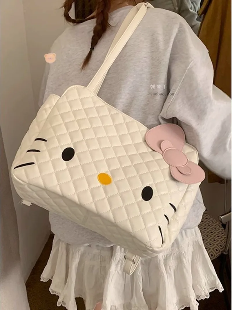 

Sanrio cartoon hello kitty backpack women's new fashion rhombus shoulder bag cute large capacity tote bag handabg