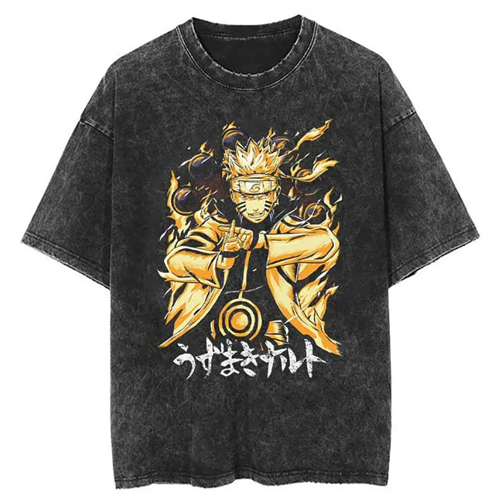 

Vintage Anime Naruto Washed T-shirt Harajuku 2025 New Cotton Men's Streetwear Oversized Women's Short Sleeves Loose Unisex Top