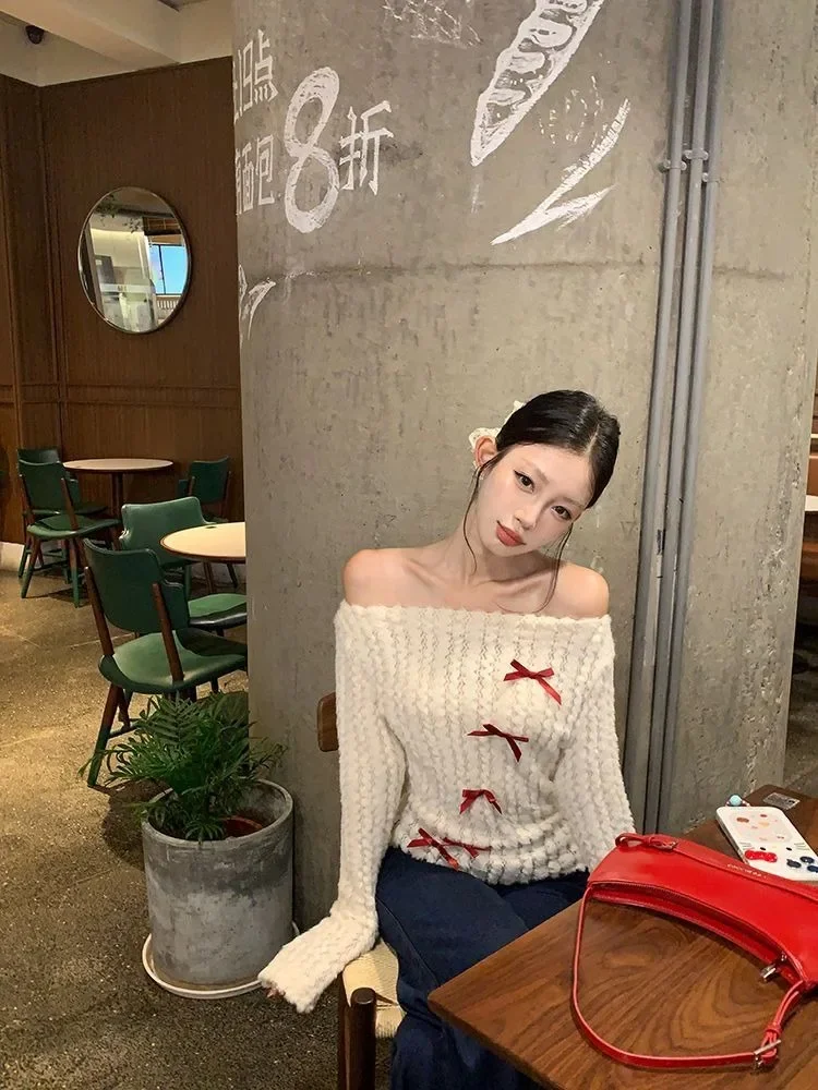 Bow Off Shoulder White Knitted Sweater for Women 2025 Early Autumn New Bottoming Tops Mujer Y2k Long Sleeved Pullovers T Shirts