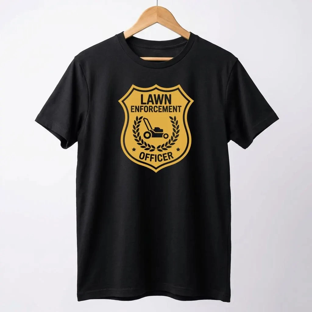 Lawn Enforcement Officer T-Shirt: Funny Gardening Shield Graphic Cotton Tee Fashionable Trendy Comfortable and Casual