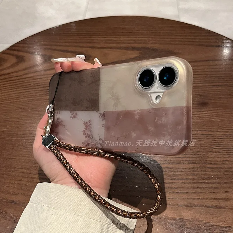 

Чехол для телефона Apple 16, iPhone 16 pro max, темно-коричневый цвет, блокирующий цветок, ремешок для рук 15 15 pro, жесткий чехол 14 pro 14, защитный чехол