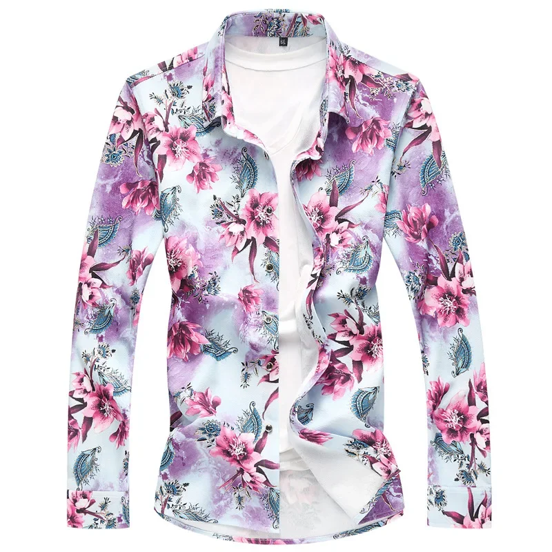 

Men's Spring and Autumn New Plus Size Long Sleeve Printed Shirt Men's Casual Floral Shirt