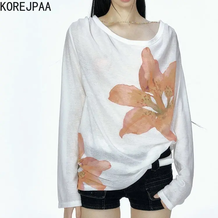 

Korejpaa Thin Knitted T-shirt Women 2025 Autumn New Micro Transparent Printed T Shirts Long Sleeved Sun Protection Base Top Tee