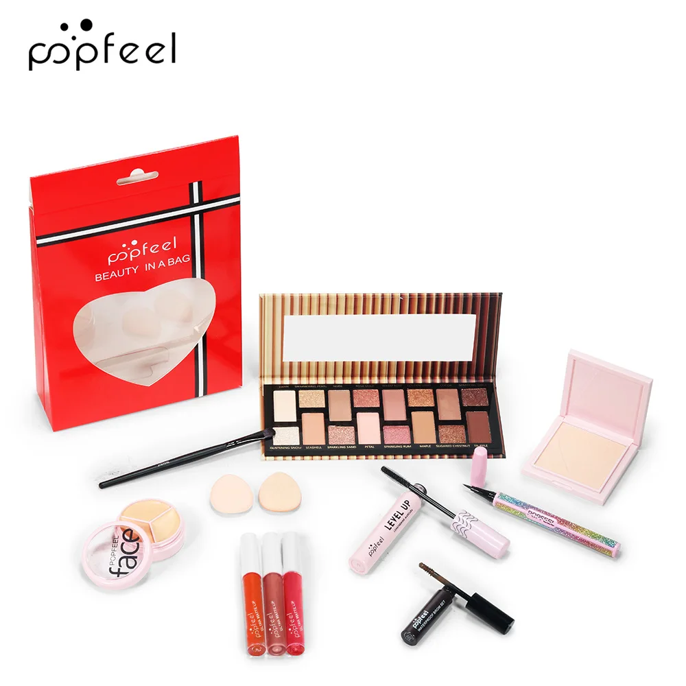 12 ชิ้นแต่งหน้าชุดผู้หญิงเครื่องสําอางค์ชุดเดินทางอายแชโดว์ Palette ลิปกลอสคอนซีลเลอร์ Eyebrow Powder มาสคาร่าอายไลเนอร์แปรงแต่งหน้า
