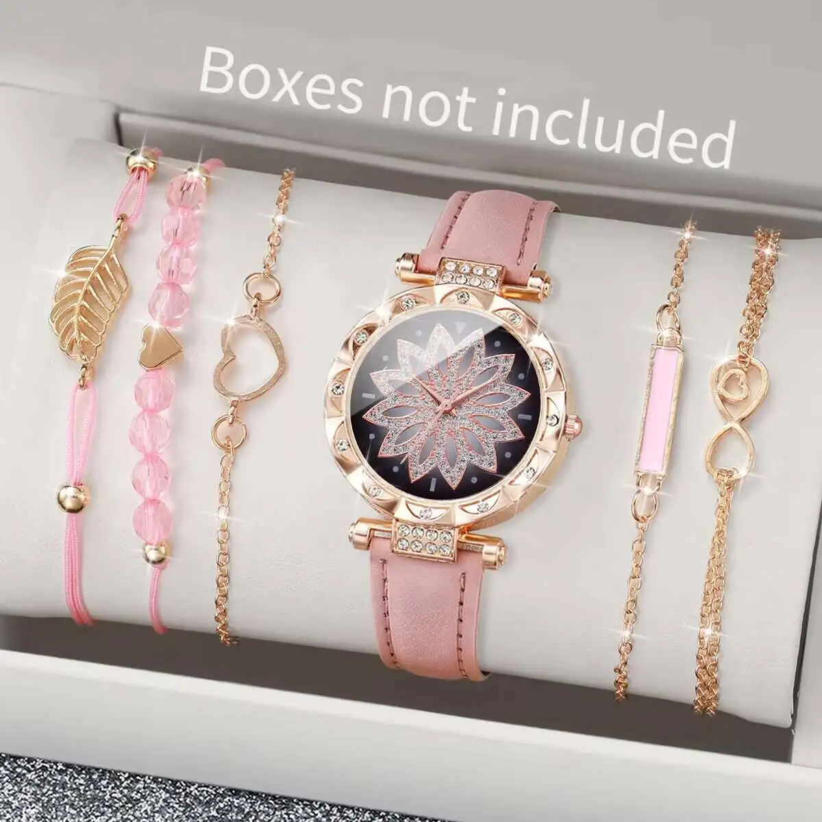 6PCS/Set Fashion Casual Flower Dial Women's Leather Band Quartz Watch Female Wrist Watches Bracelets SetWithout Box