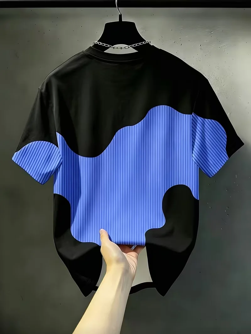 Men'S Casual Round Neck T-Shirt, Geometric Pattern Patchwork Striped Design, 