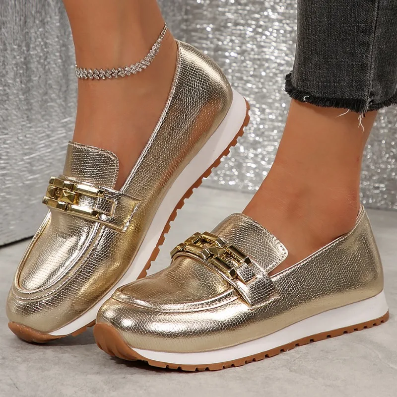 Women Chain Decor Platform Sneakers Fashion Gold Silver Designer Shoes Woman Lightweight Slip on Casual Walking Shoes Plus Size