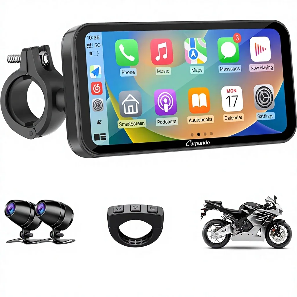 Carpuride W603D+TPMS Carplay Screen Wireless Android Auto Waterproof Motorcycle Smart Display CarPlay with  Dash Cam 1 Year