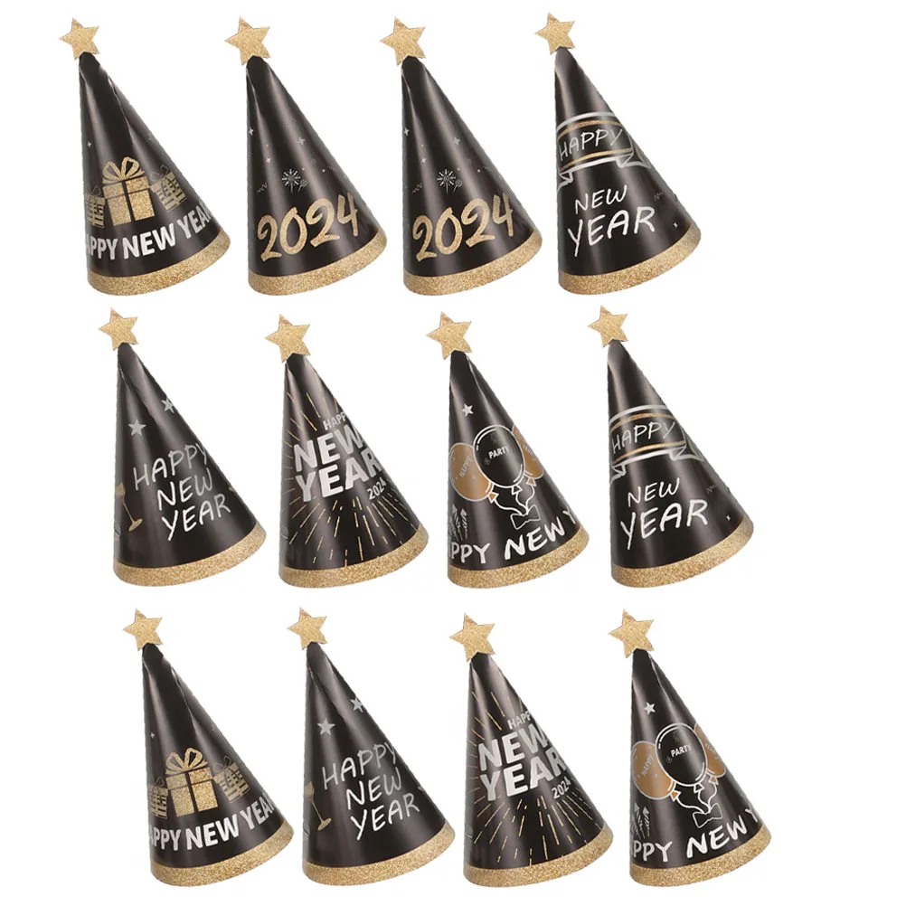 

12Pcs 2024 New Year Paper Hats Black Gold Tone Party Cone Caps for Celebration Event Decor Favor Gift Family Party Supply