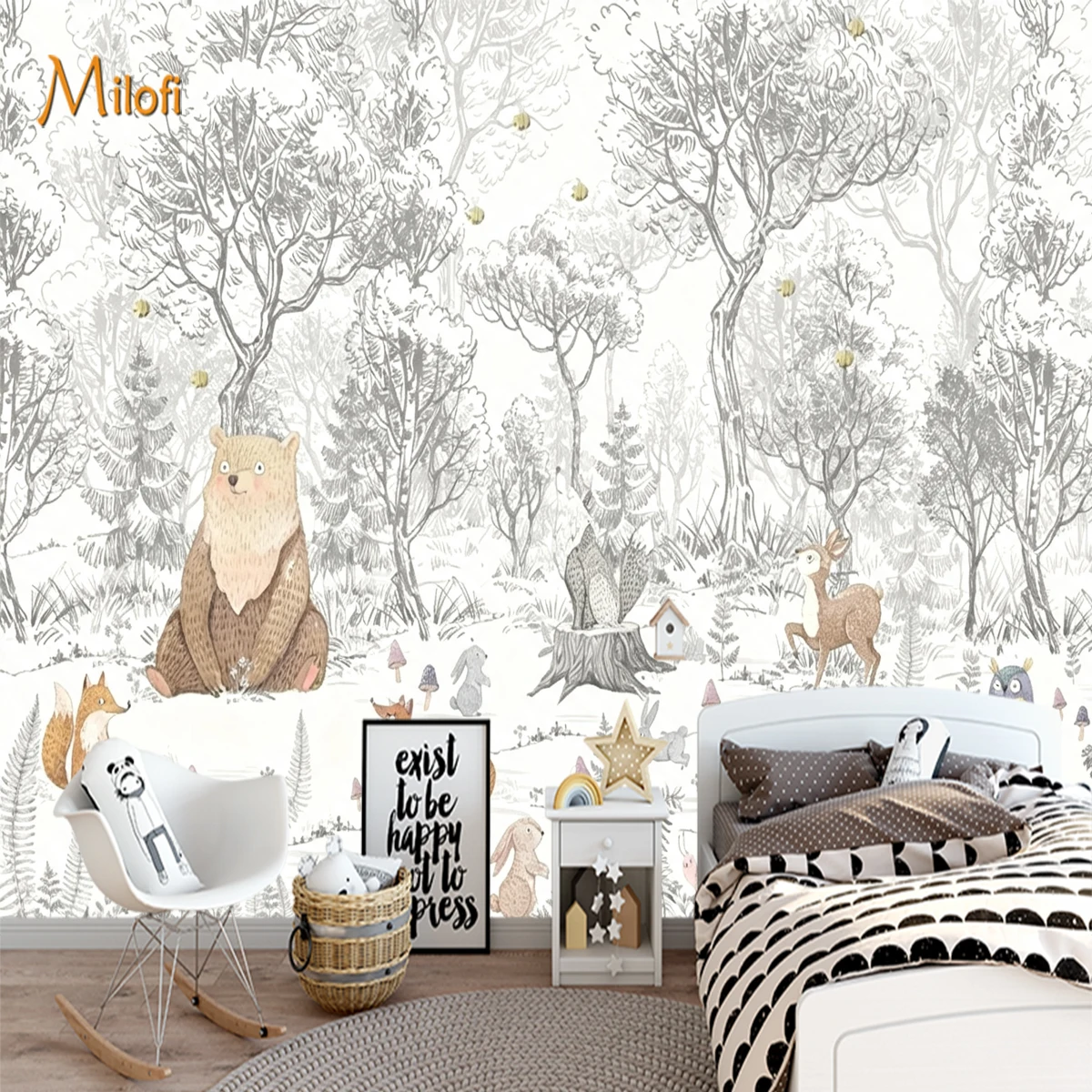 Custom 3D Woodland Forest Animal Wall Mural, Bear Fox Deer Wallpaper,Sketch Tree Mushroom Wall Decor for Children Bedroom
