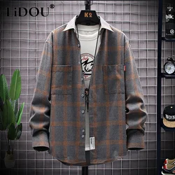 Primavera outono moda tendência coreano simples blusa masculina manga longa xadrez camisa solta casual topo homem todos os jogos streetwear roupas