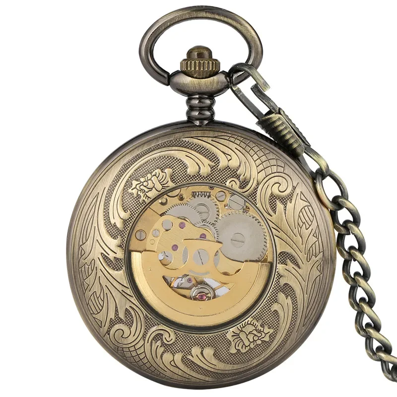 Bronze Automatic Mechanical Pocket Watch Men Women Retro Hollow Out Carving Roman Numeral Transparent Glass Cover Fob Chain Gift