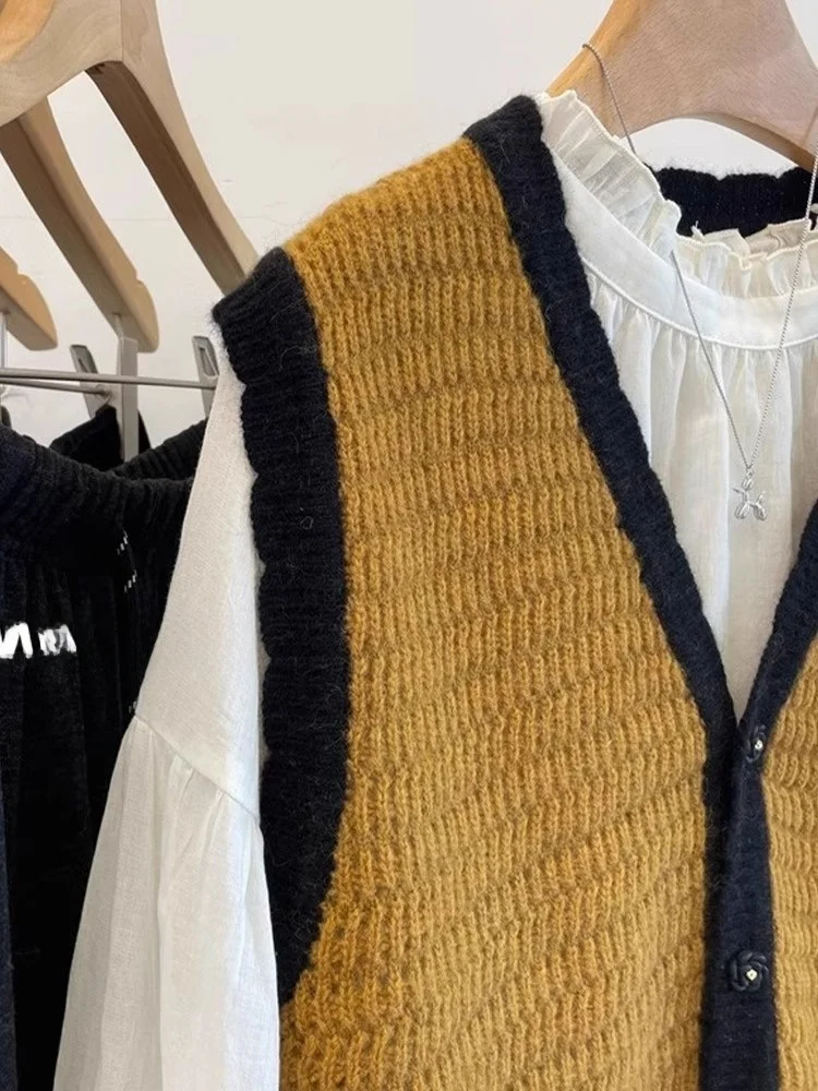 سترة نسائية محبوكة بتصميم متعدد الألوان، بدون أكمام بزر واحد، أنيقة للعمل، تقلل من مظهر العمر، مكشوفة الكتفين، برقبة على شكل V
