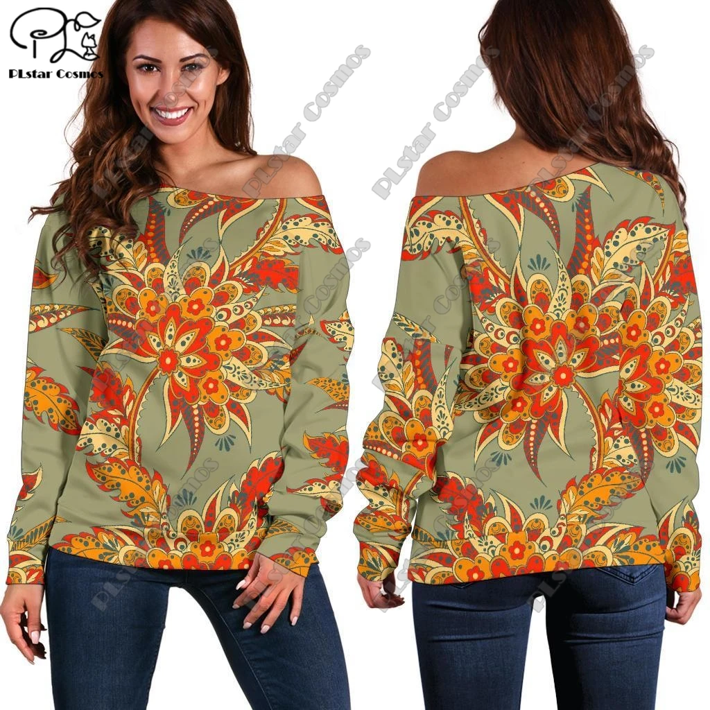 3D printing retro series retro geometric print pattern women's long-sleeved off-shoulder sweatshirt casual long-sleeved F-6