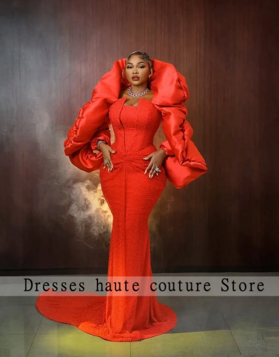 

New Aso Ebi Shiny Red Mermaid Beaded Evening Dresses 2025 Luxury Long Sleeve Pleated African Lace Prom Dress Wedding Party Dress