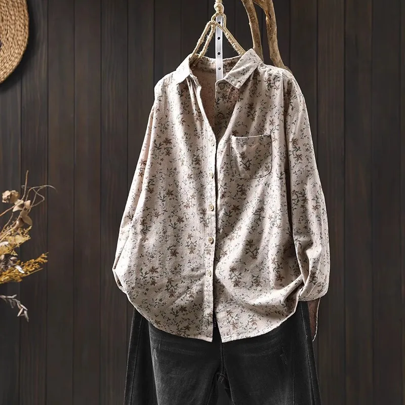 Novo 2025 inverno algodão manga longa camisa escovada, feminino turn-down colarinho impressão, mori menina redução de idade blusa solta t5n020cc