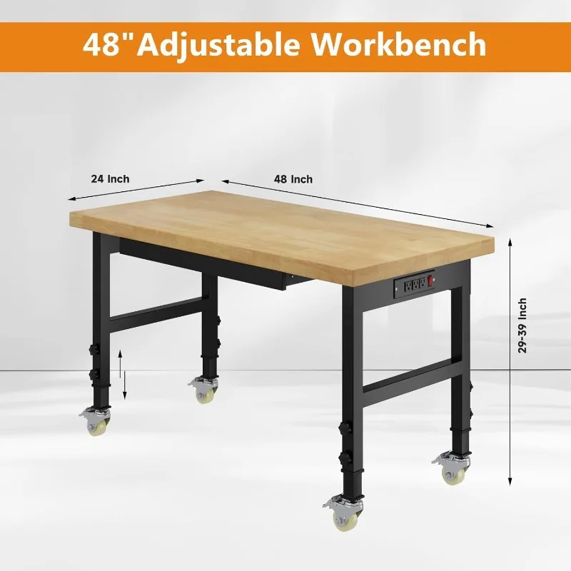 48" Work Bench with Drawers, Adjustable Height Workbench with Wheels, Heavy-Duty Work Table with Power Outlets, 2000 LBS Capacit