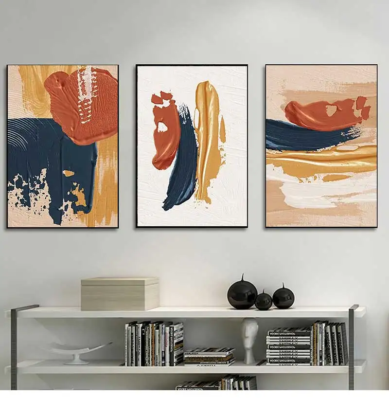 Modern Abstract Oil Painting Canvas Print Poster Picture Nodic Orange Blue Blush Texture Wall Art Painting for Living Room Decor