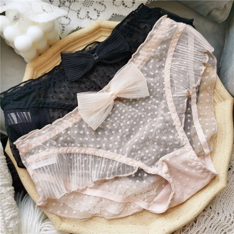 Sexy lady underwear sweet gauze ruffle girl panties lovely big bow student panties low waist female panties lace briefs female