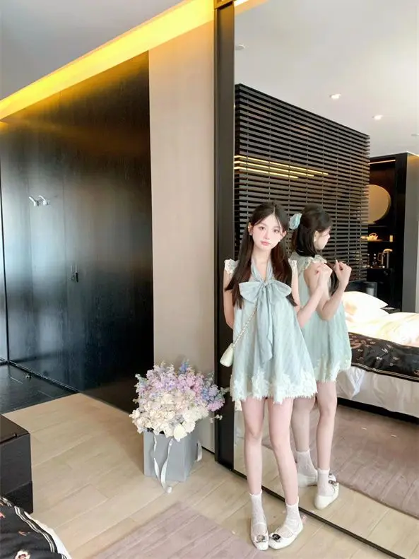 Korea Chiffon Dress Women Party Streetwear Korean Fashion Dress Loose Lace Sleeveless V Neck Mini Sweet New Spring Summer Dress