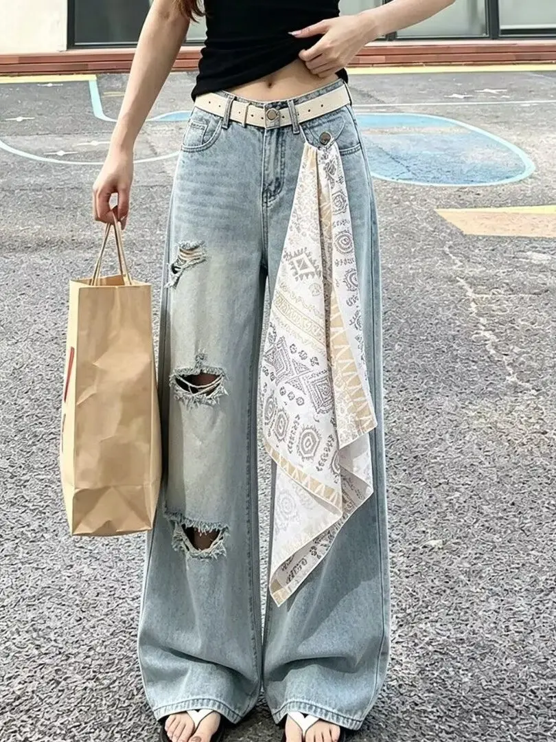 Light Blue Ripped Wide Leg Denim Jeans Women's Loose Straight Cut Trousers Autumn New Style plus Size Design Slimming Effect