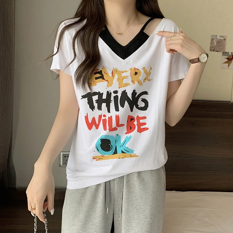 

L-4XL Large Size Fake Two Piece T-shirt Women Summer Fashion V-neck Loose Tops Oversize Short Sleeve Letter Print Spliced Tees