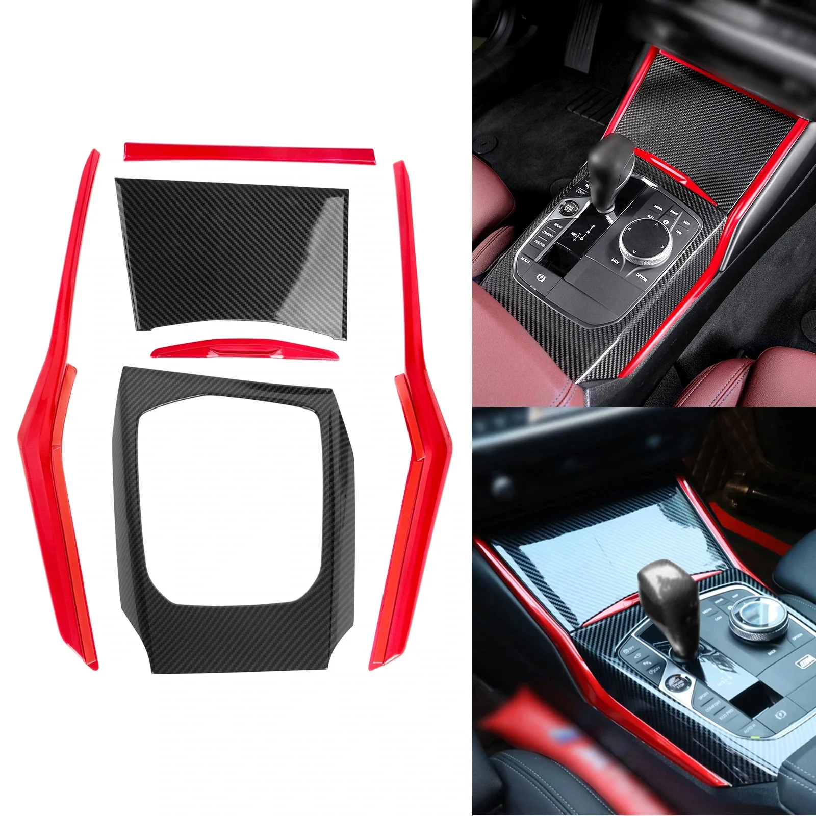 Interior Gear Shift Panel Dash Stripe Cover Trim Decoration For BMW 3 Series G20 2019 2020 2021 2022 (Carbon Fiber W/ Red Edge)