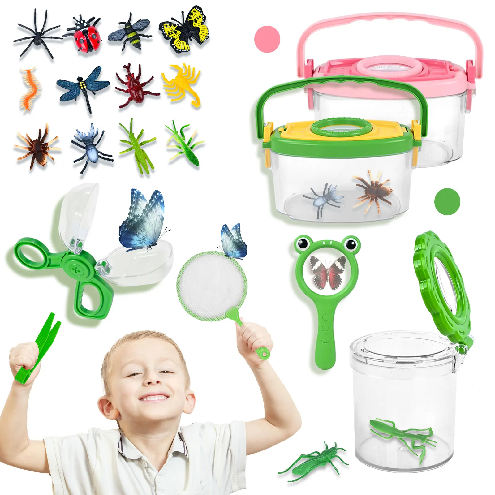 Children'S Outdoor Portable Transparent Insect Box Clip Net Fishing Insect Model Magnifying Glass Feeding Observation Box Toy