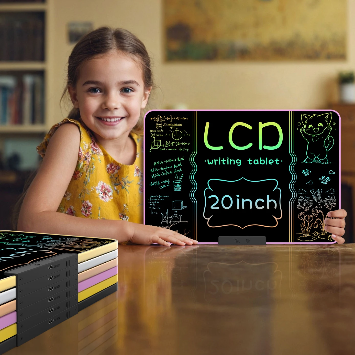 Tablet de escrita LCD recarregável de 20 polegadas, prancheta de desenho de grafite apagável multicolorida para aprendizagem e educação